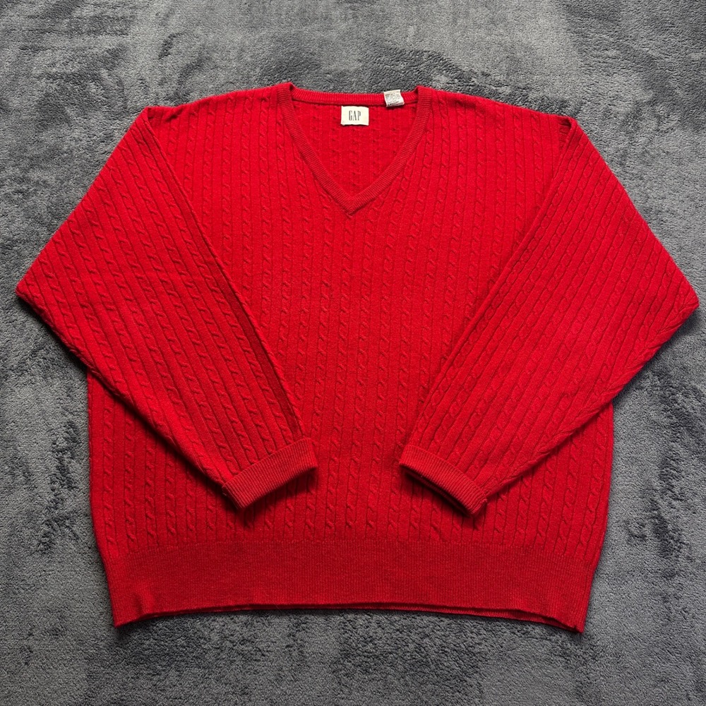 Vintage GAP Lambswool V-Neck Sweater Mens Large Red Vintage Cable Knit Blend
